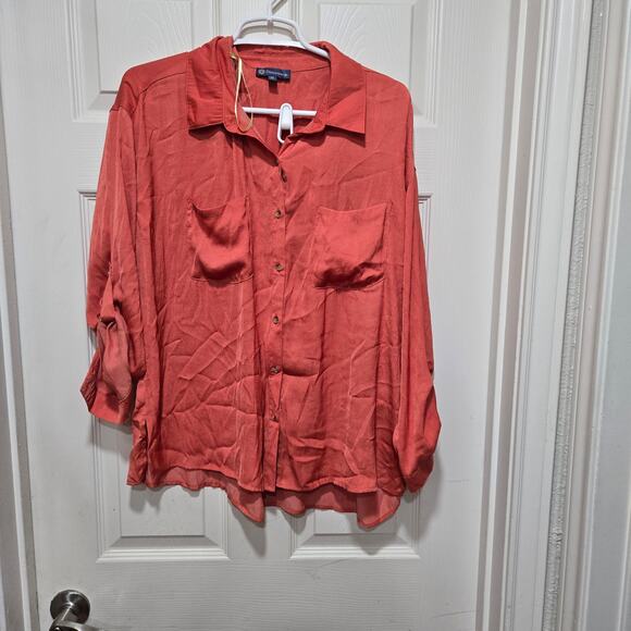 Democracy Terracotta Blouse Medium Roll-Tab Sleeve Button Front - Picture 11 of 11